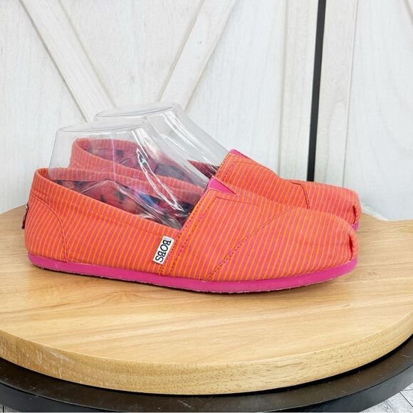 Bobs from Skechers Striped Canvas Slip On Shoes Pink Orange 8 - Picture 1 of 11